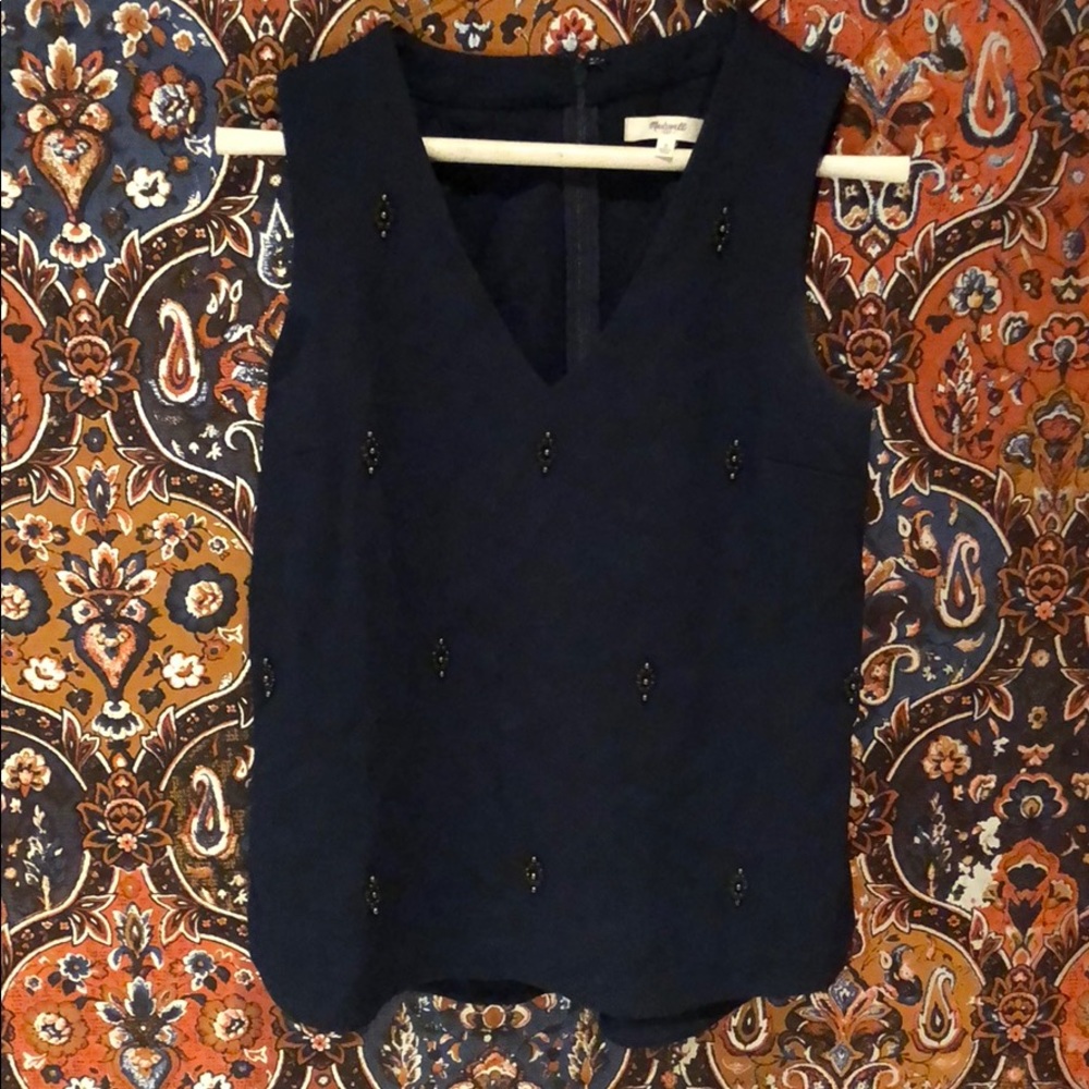 Madewell navy top with black beaded accents